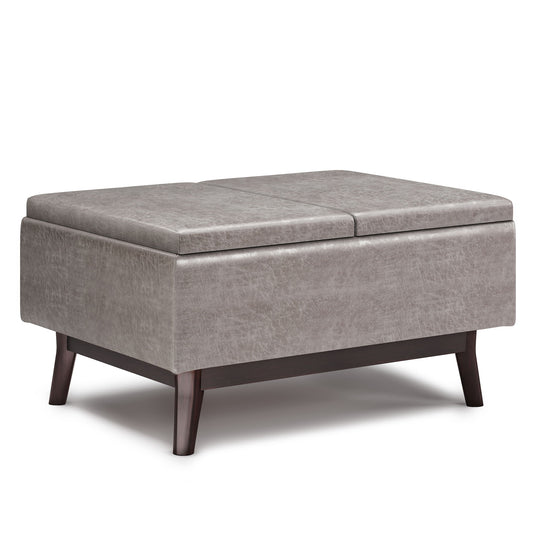 The Owen Tray Top Small Coffee Table Upholstered Storage Ottoman features a padded, hinged top and wooden legs, perfect for use as a seat, footrest, or storage unit.