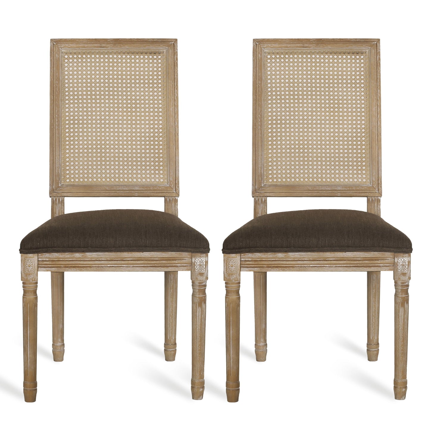 Two French Country Dining Chairs with rectangular cane backrests and smooth upholstered seats, carved legs, and a light wood finish are shown side by side against a white background.