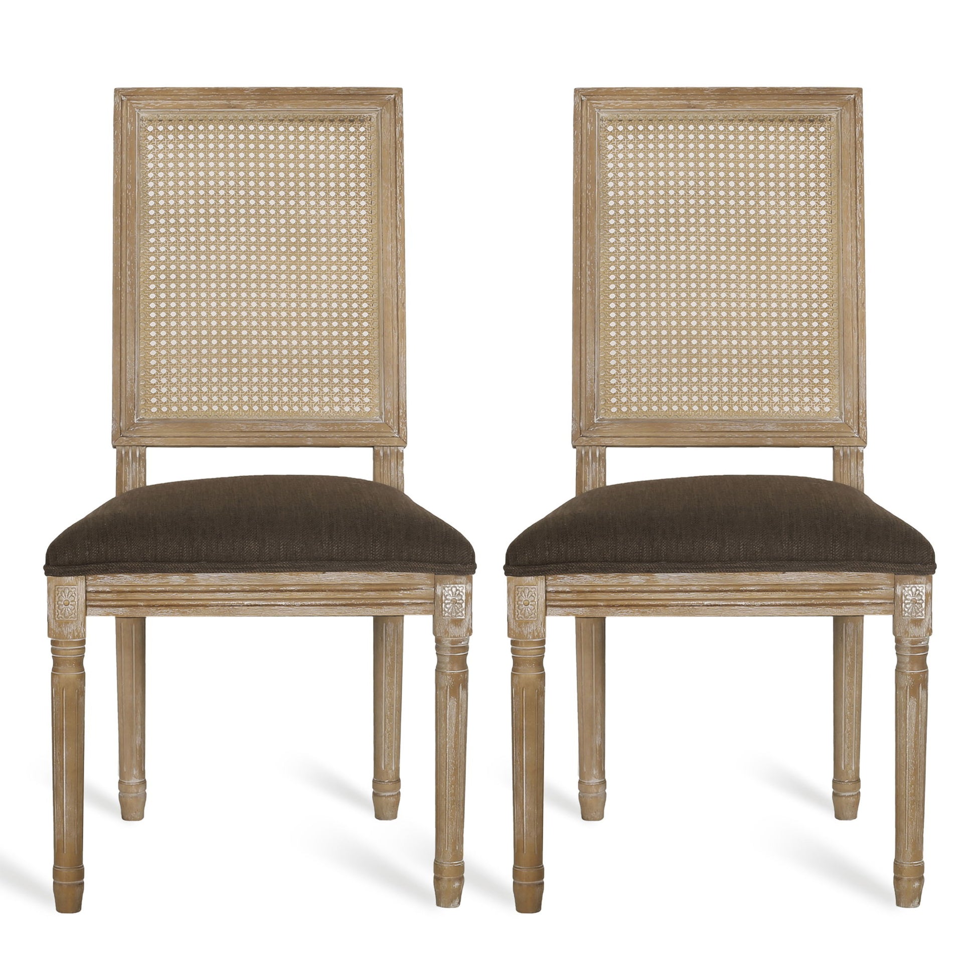 Two French Country Dining Chairs with rectangular cane backrests and smooth upholstered seats, carved legs, and a light wood finish are shown side by side against a white background.