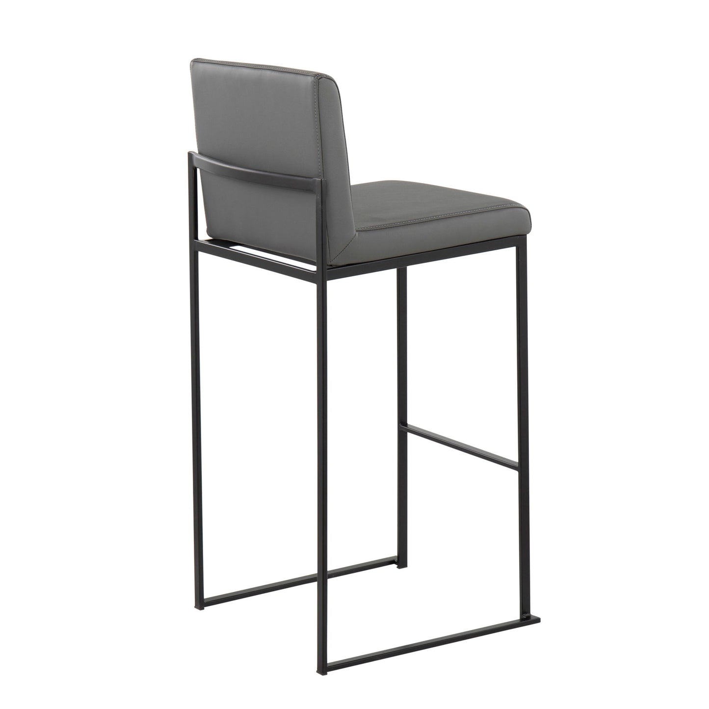The Fuji Contemporary High Back Barstool features a sleek black metal frame with a dark gray cushioned seat and backrest, minimalist straight-line design, and integrated footrest for an elegant modern look.