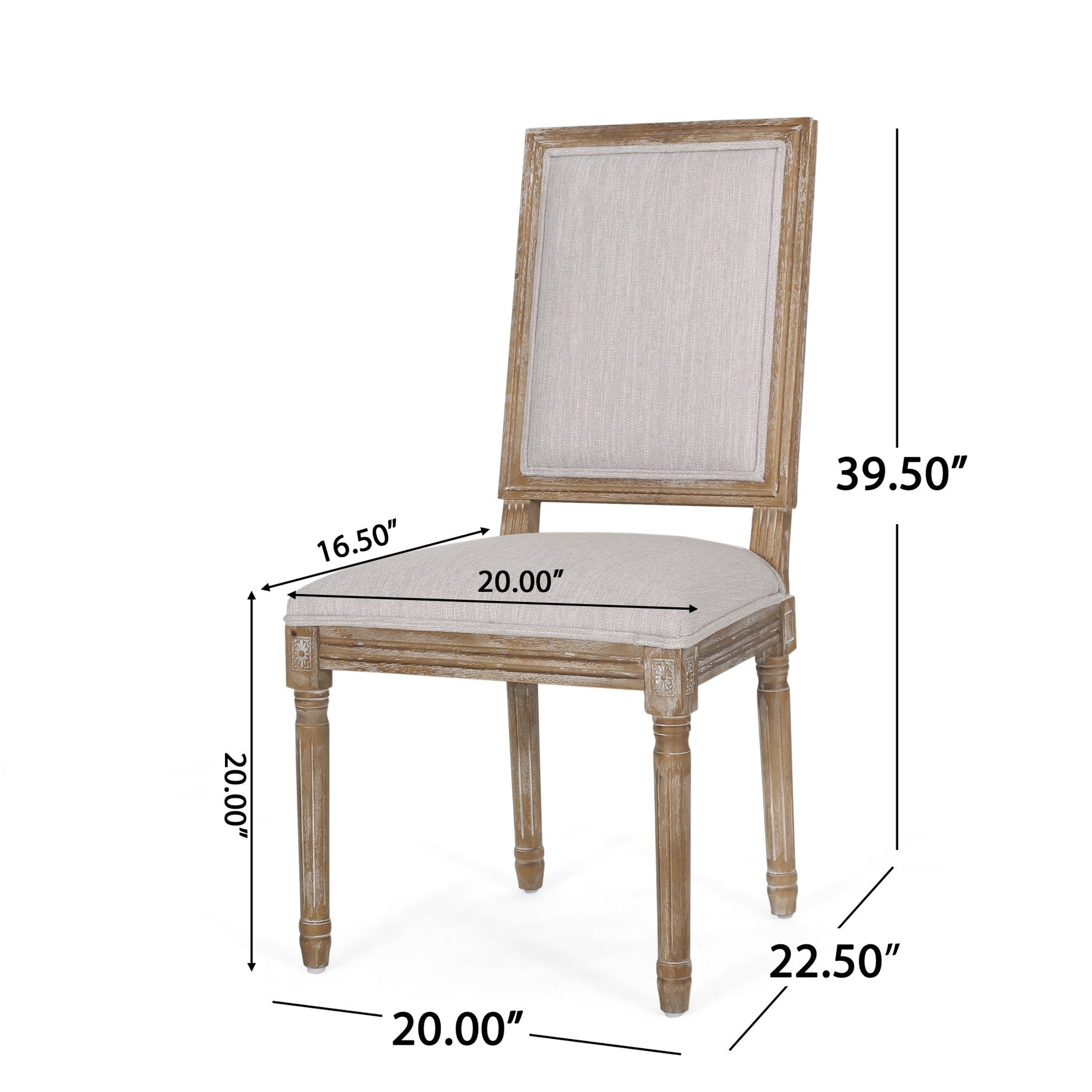 The French Country Style Dining Chair features fluted legs and a light beige upholstered seat and backrest. Dimensions: 39.5" H x 20" W x 22.5" D; seat height 20", seat depth 16.5".