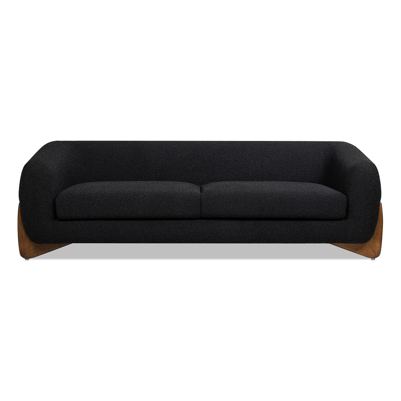 The Alpine - Luxurious Upholstery Sherpa Sofa features a modern black design with rounded arms and backrest, two seat cushions, and a wooden base, showcased against a white background.
