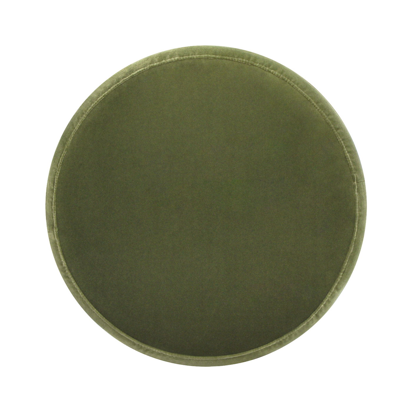 The Fuji Oversized Round Storage Ottoman in olive green features a smooth, velvety finish, shown from above against a white background.