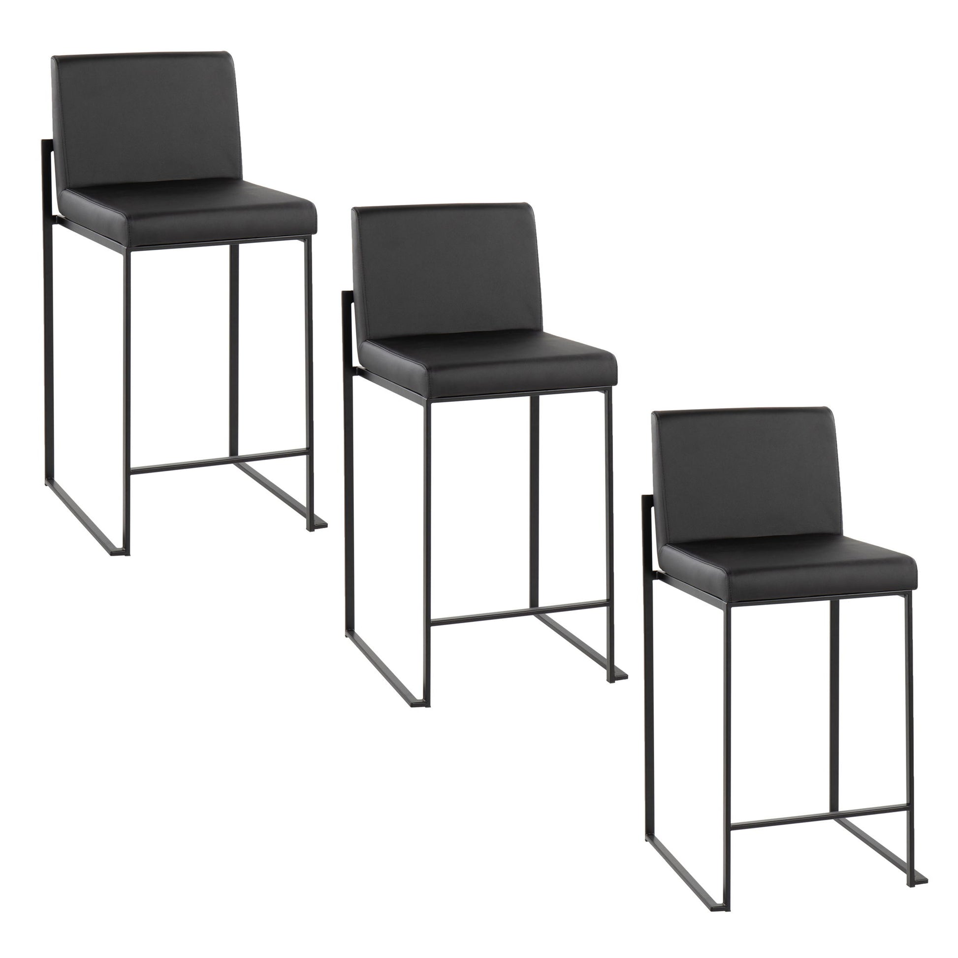 Three Fuji High Back Counter Stools, featuring contemporary modern elegance with sleek black square seats and minimalist metal frames, are arranged diagonally against a white background.