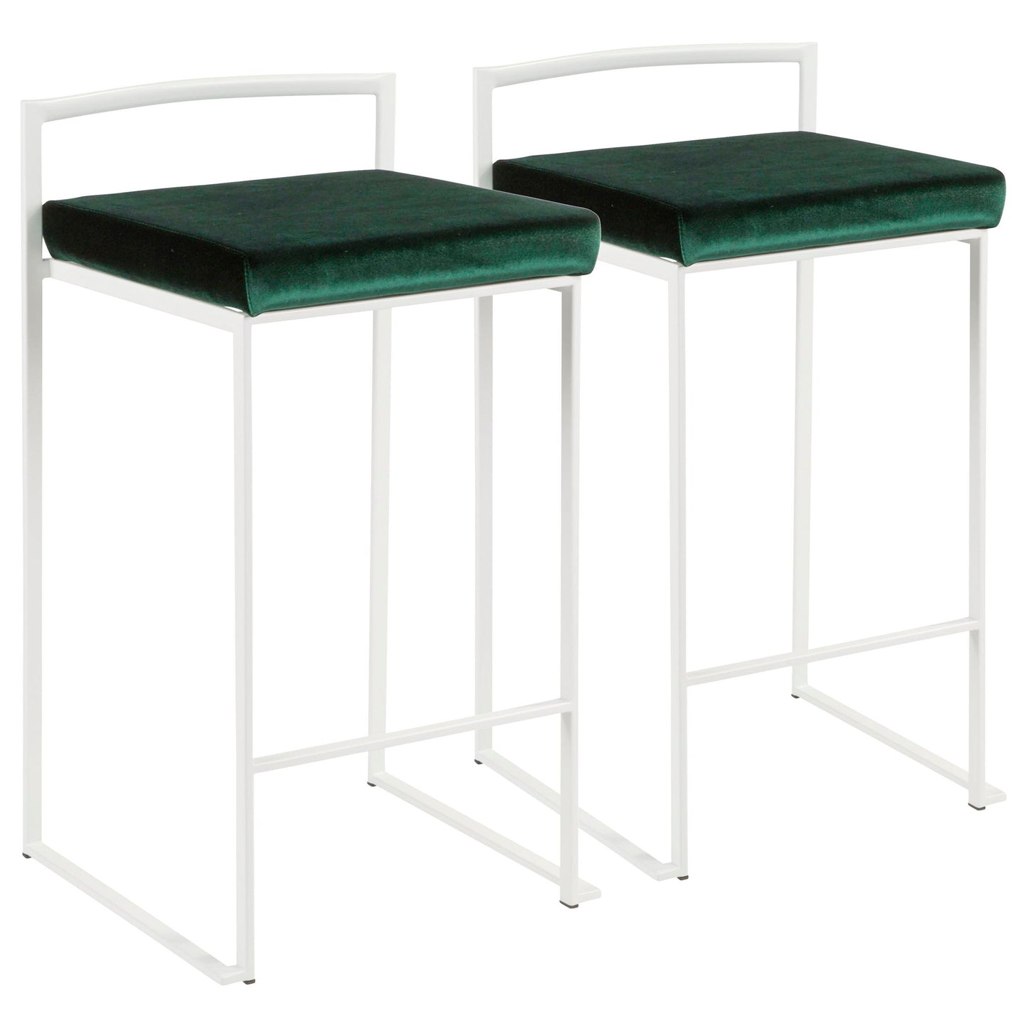 The Fuji - Simple Elegance Contemporary Stackable Counter Stool features a minimalistic design with a thin white metal frame and a square green velvet seat cushion, complemented by a simple backrest for modern style.