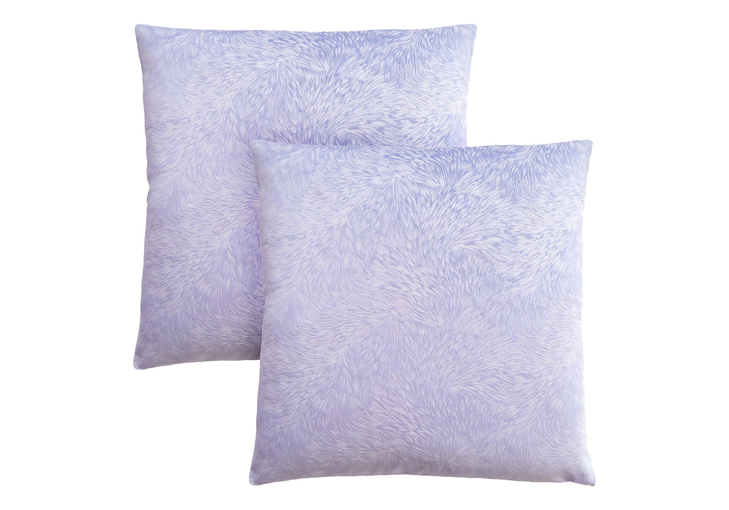 Two square decorative throw pillows with inserts, hypoallergenic and modern, featuring a light purple textured design with a subtle swirl pattern. Pillows are arranged overlapping on a white background.