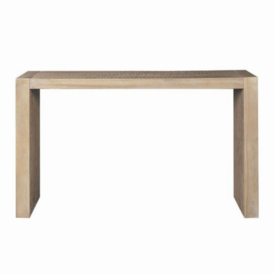 The Modern Design Console Table features a simple rectangular shape, thick block legs, and a smooth light wood finish, shown against a white background.