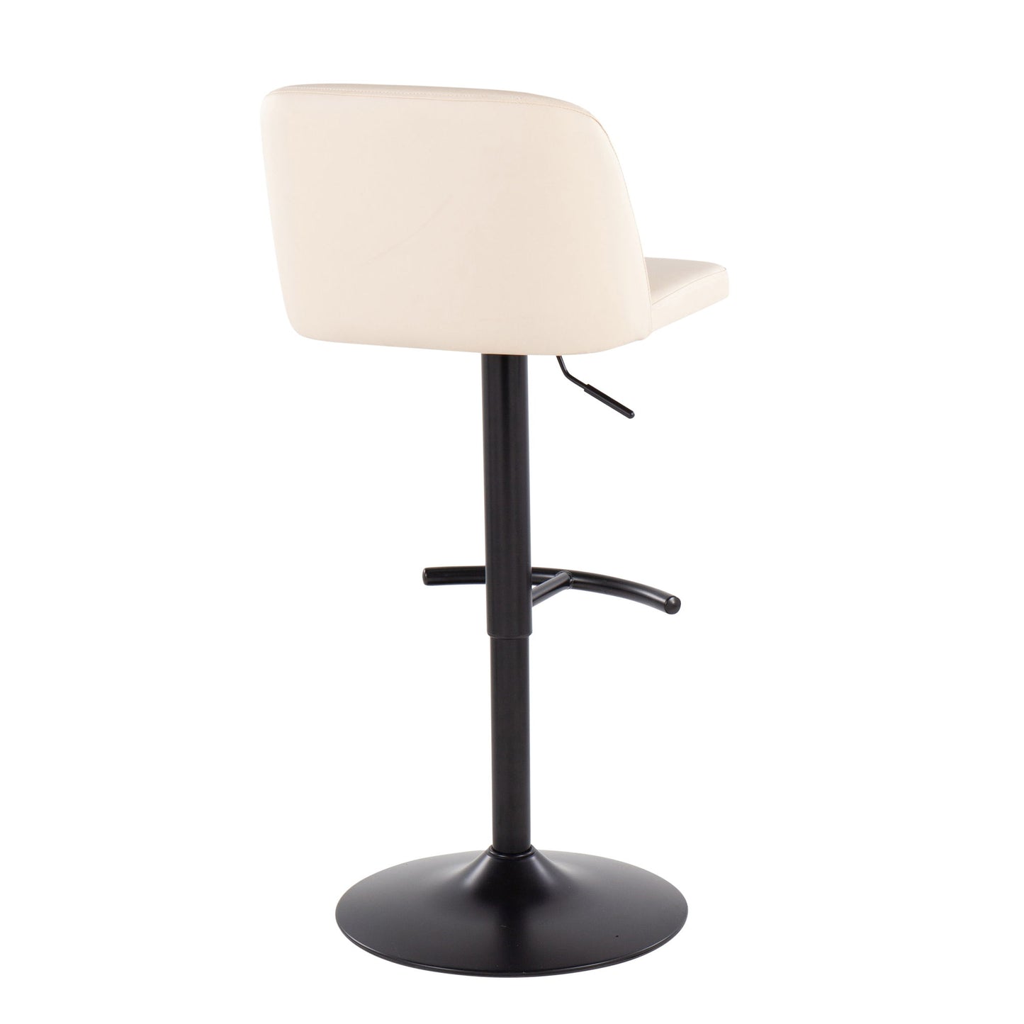 The Toriano Contemporary Adjustable Bar Stool (Set of 2) features a cream cushioned backrest and seat, supported by a single black metal pedestal base with a rounded T footrest, shown from the back.