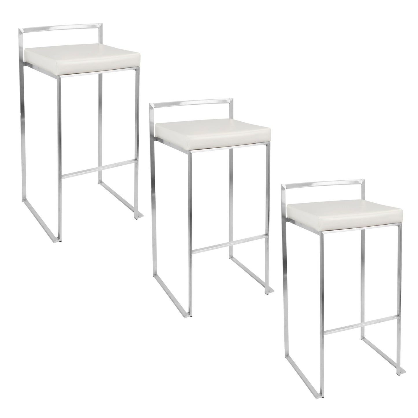 Three Fuji stackable barstools, featuring a contemporary and elegant design with chrome frames and white cushioned seats, are arranged in a staggered formation against a white background.