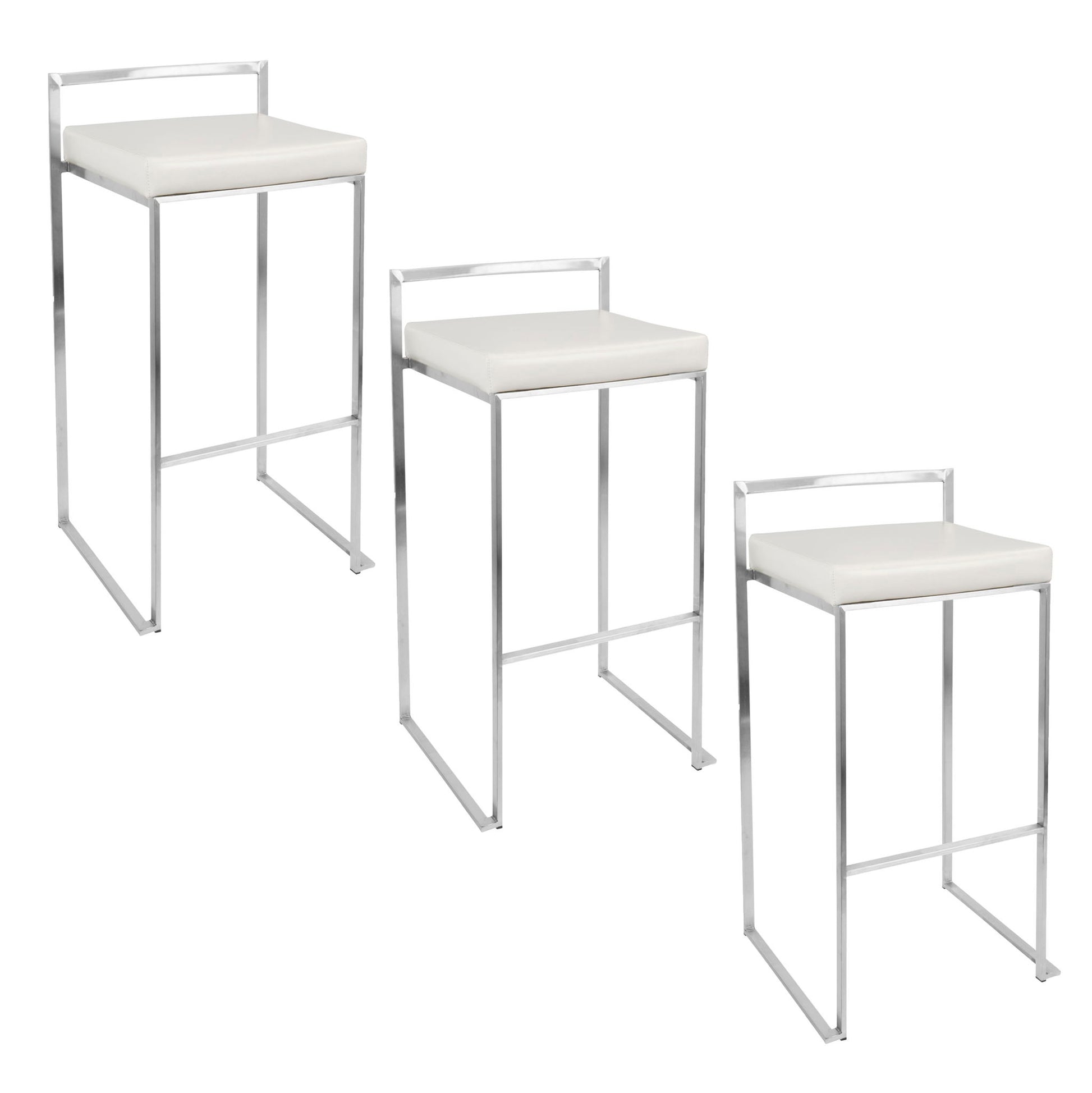 Three Fuji stackable barstools, featuring a contemporary and elegant design with chrome frames and white cushioned seats, are arranged in a staggered formation against a white background.