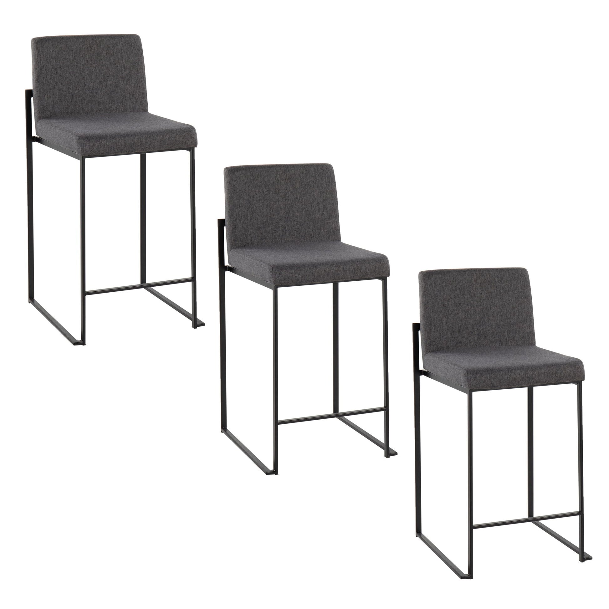 Three Fuji Contemporary Modern Elegance High Back Counter Stools with dark gray cushioned seats and black metal frames are arranged in a staggered, descending formation from left to right on a white background.
