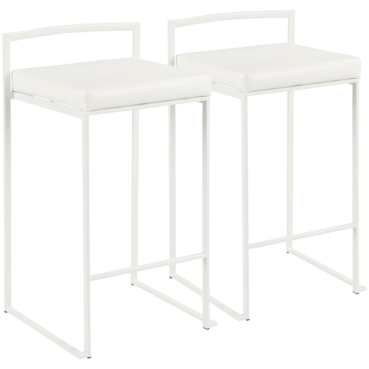 Two Fuji - Simple Elegance contemporary stackable counter stools with white square cushioned seats, metal frames, and minimalist geometric legs are placed side by side against a white background.