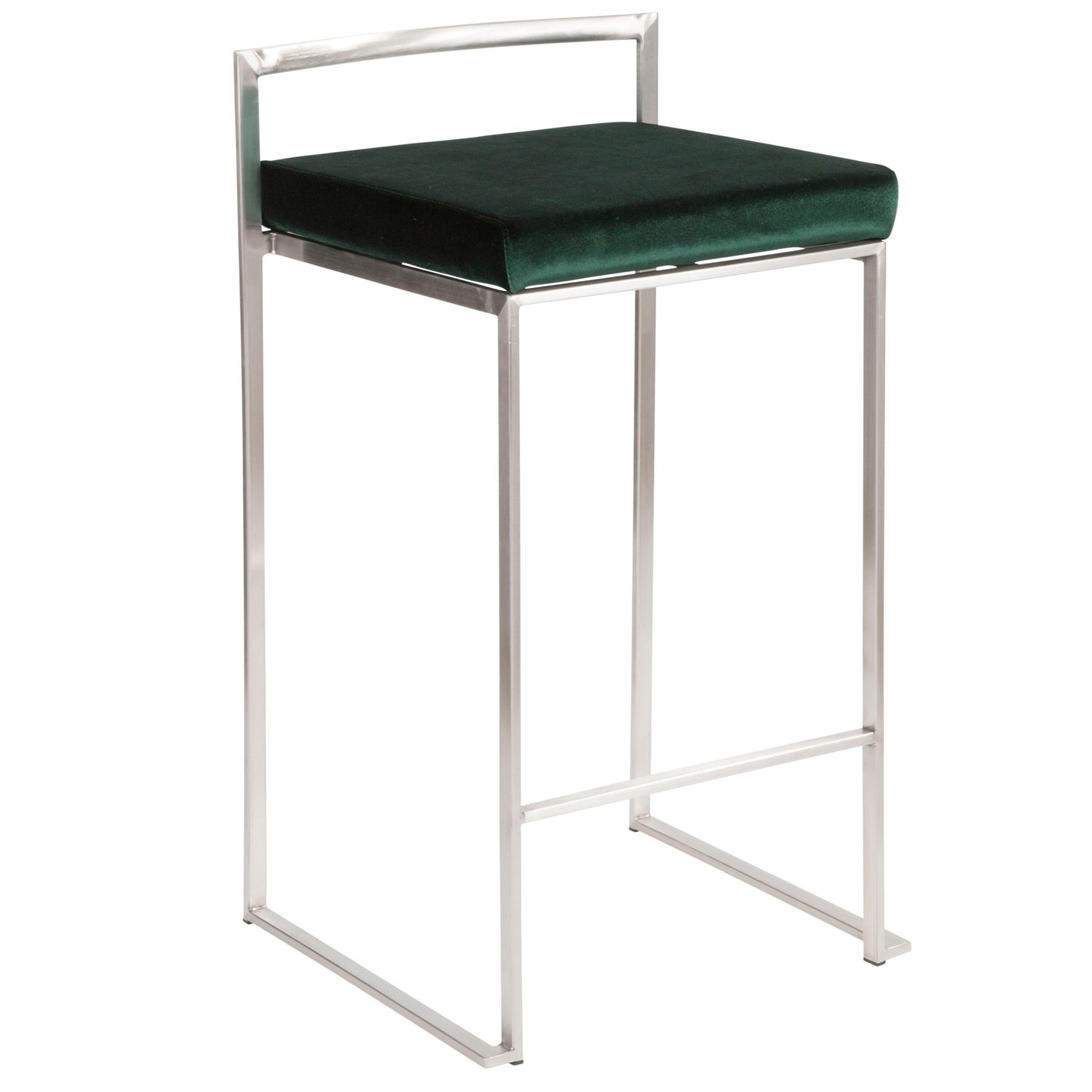 The Fuji - Contemporary Elegant Stackable Counter Stool Set features a sleek silver metal frame, square dark green cushioned seat, minimalist design, low backrest, and open sides.