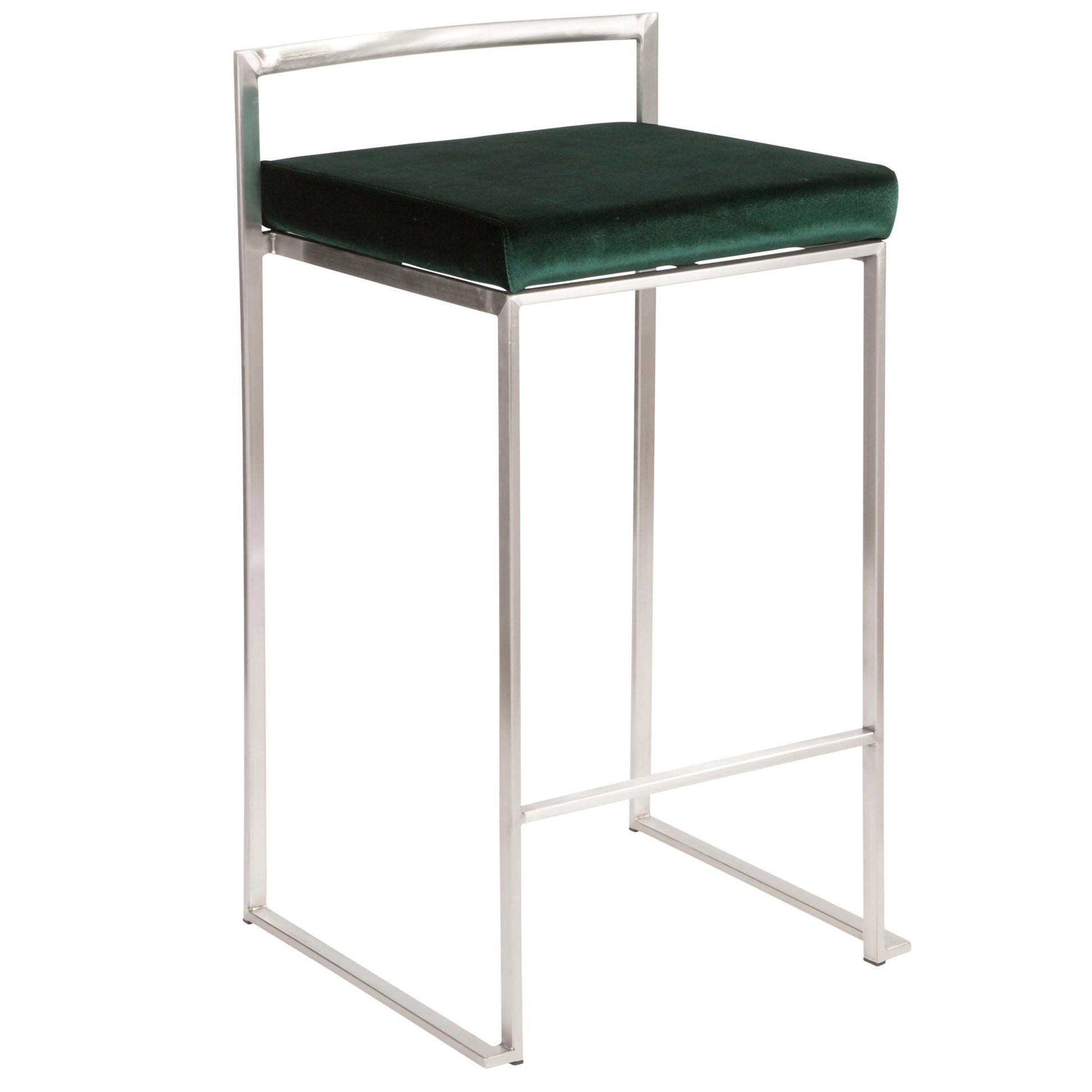 The Fuji - Contemporary Elegant Stackable Counter Stool Set features a sleek silver metal frame, square dark green cushioned seat, minimalist design, low backrest, and open sides.