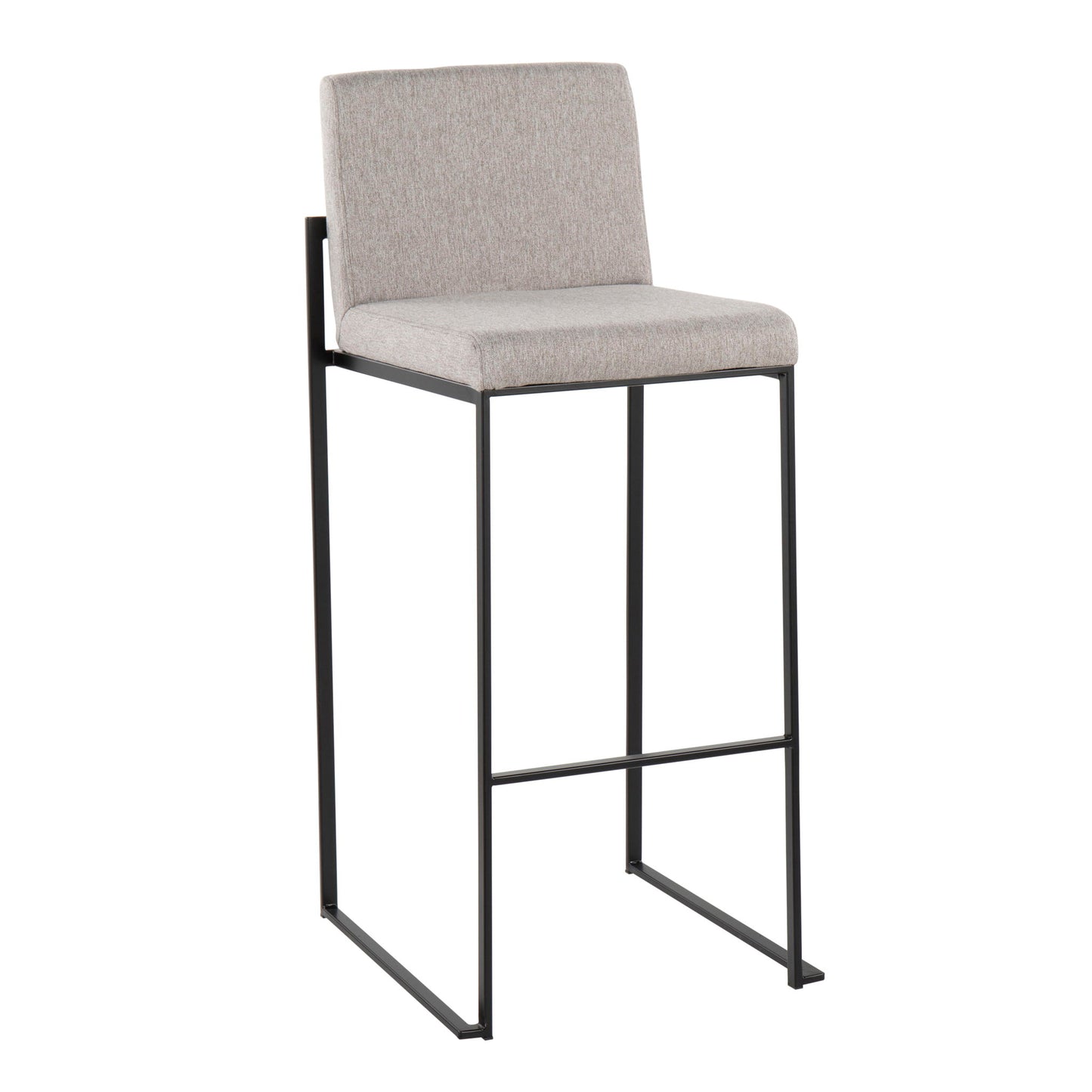 The Fuji Contemporary High Back Barstool features a light gray upholstered seat and backrest, slim black metal legs, and a rectangular footrest for an elegant modern look.