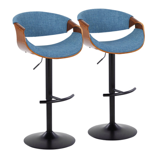 The Curvo set of 2 barstools features mid-century modern style with curved wood backs, blue upholstered seats, black metal bases, adjustable height, swivel function, and rounded T footrests.