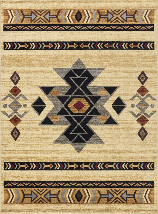 The Tribes GC_YLS4006 Southwest Area Rug features a beige base with a bold central geometric pattern in black, gray, and red, accented by smaller symmetrical shapes and horizontal bands with earthy arrow and diamond motifs.