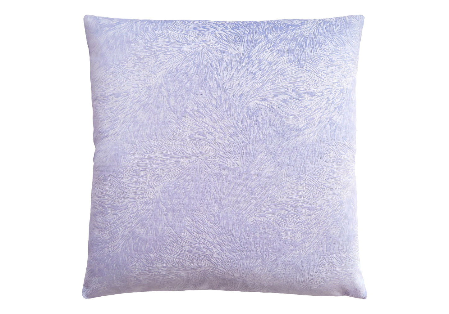 A modern, square decorative throw pillow in light purple with a soft, furry swirling texture; hypoallergenic and insert included.