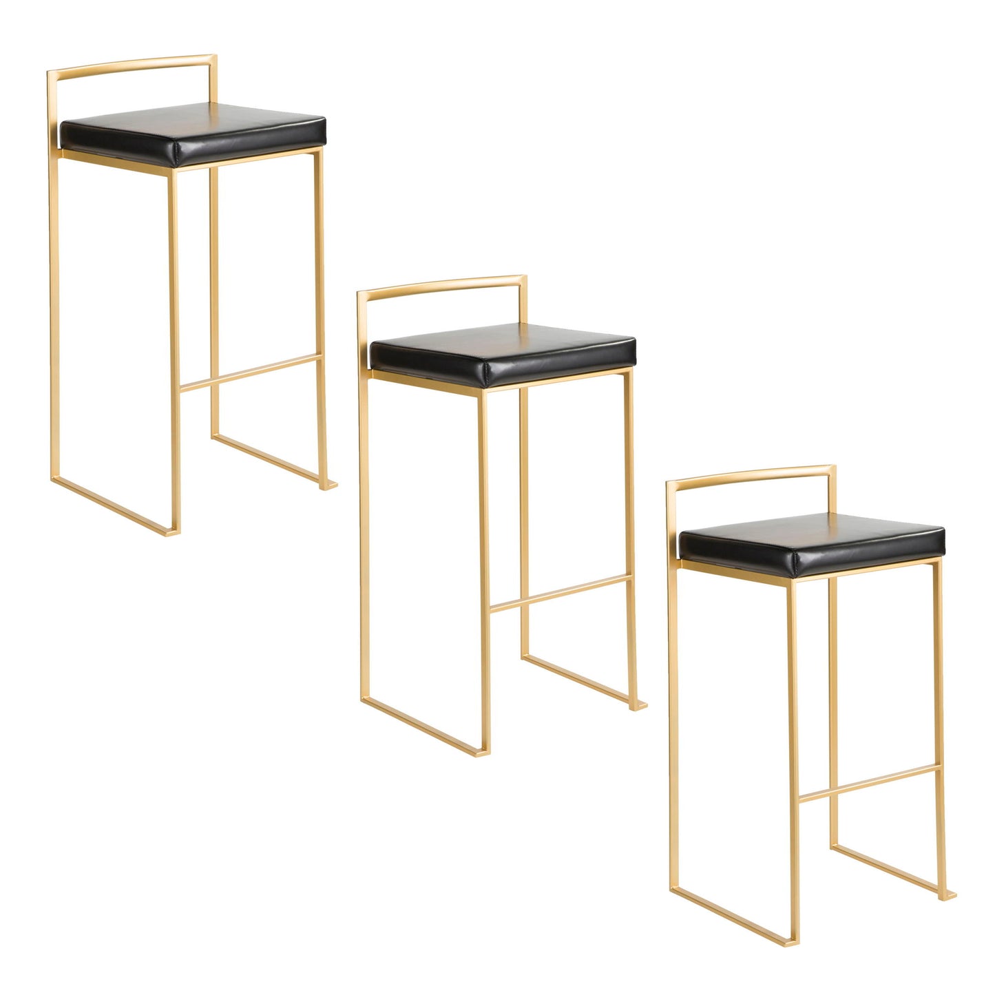 Three Fuji Contemporary/Glam barstools with gold metal frames and black cushioned seats, each featuring a minimalist rectangular backrest and footrest, are arranged in a staggered row.