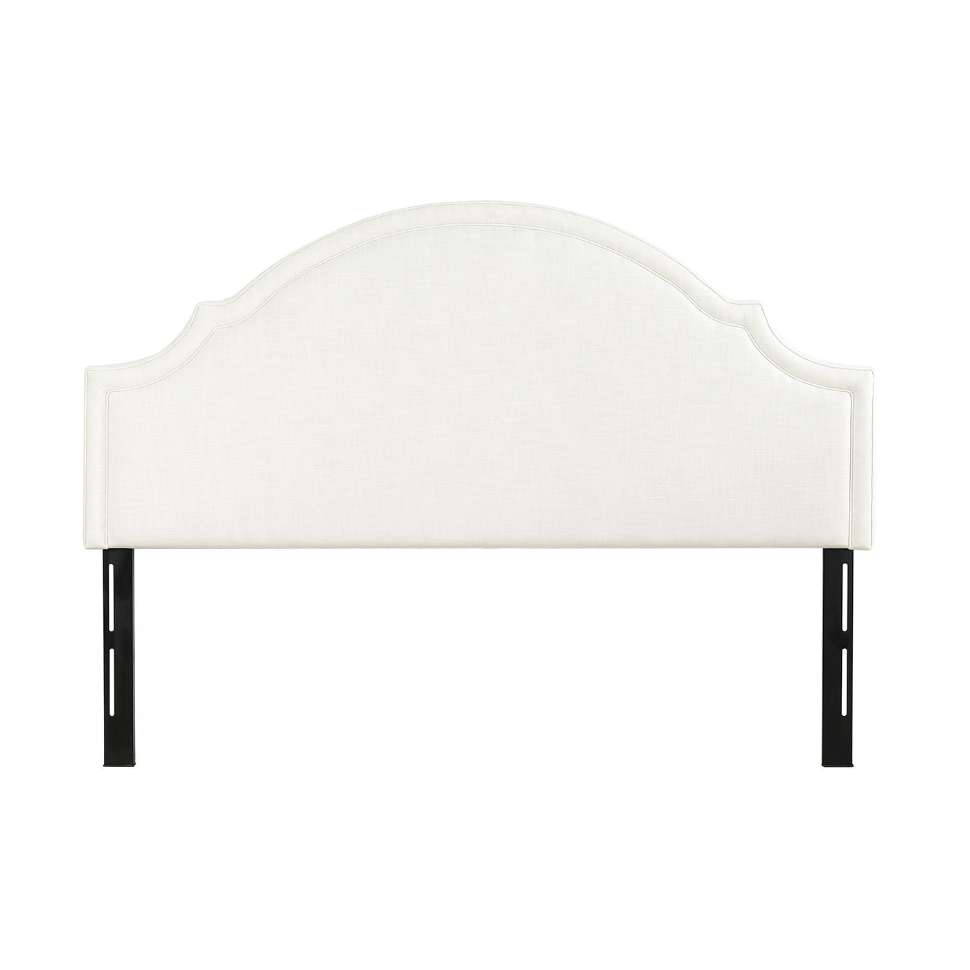 The Catherine Luxurious Comfort Upholstered Headboard features a white fabric, curved scalloped top, and black metal legs, displayed against a plain white background.