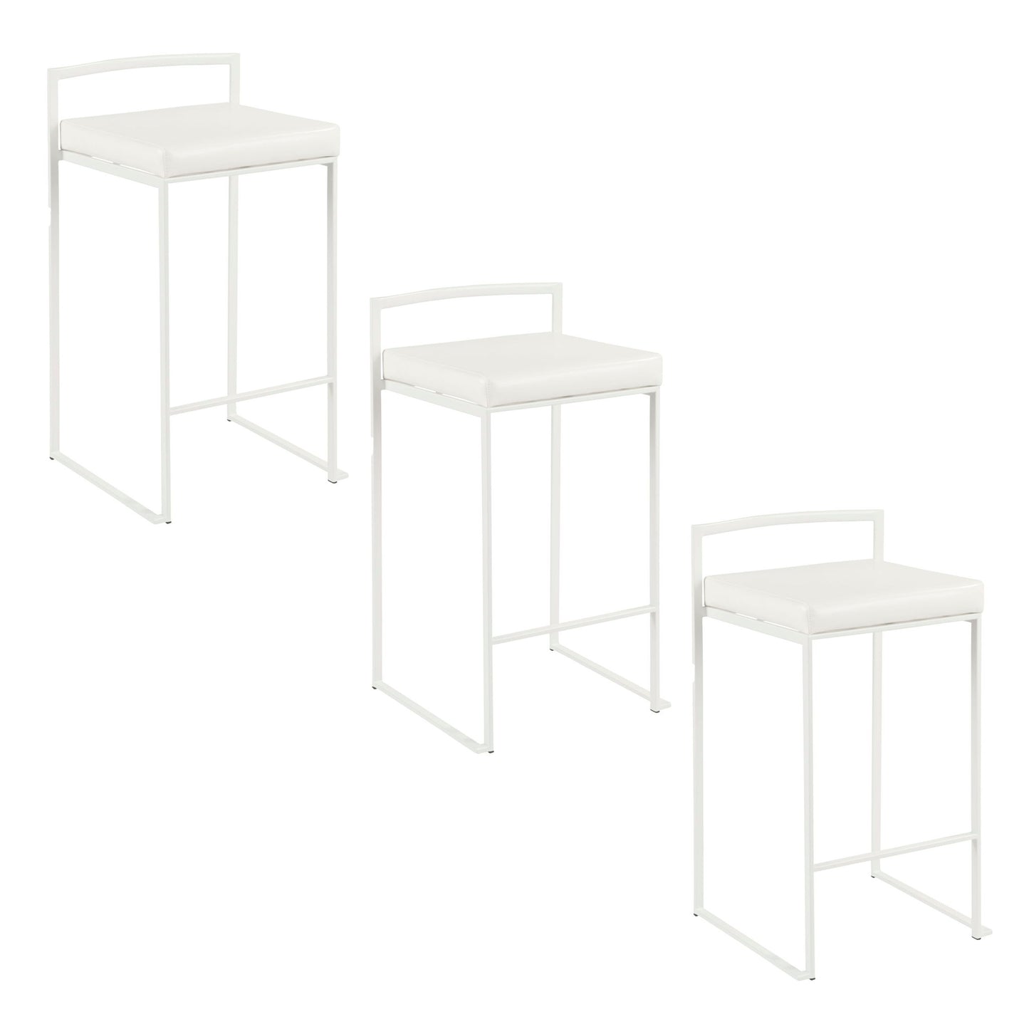 Three Fuji Simple Elegance contemporary stackable counter stools in white, with square cushioned seats, metal frames, and low backrests, arranged in a staggered pattern on a white background.