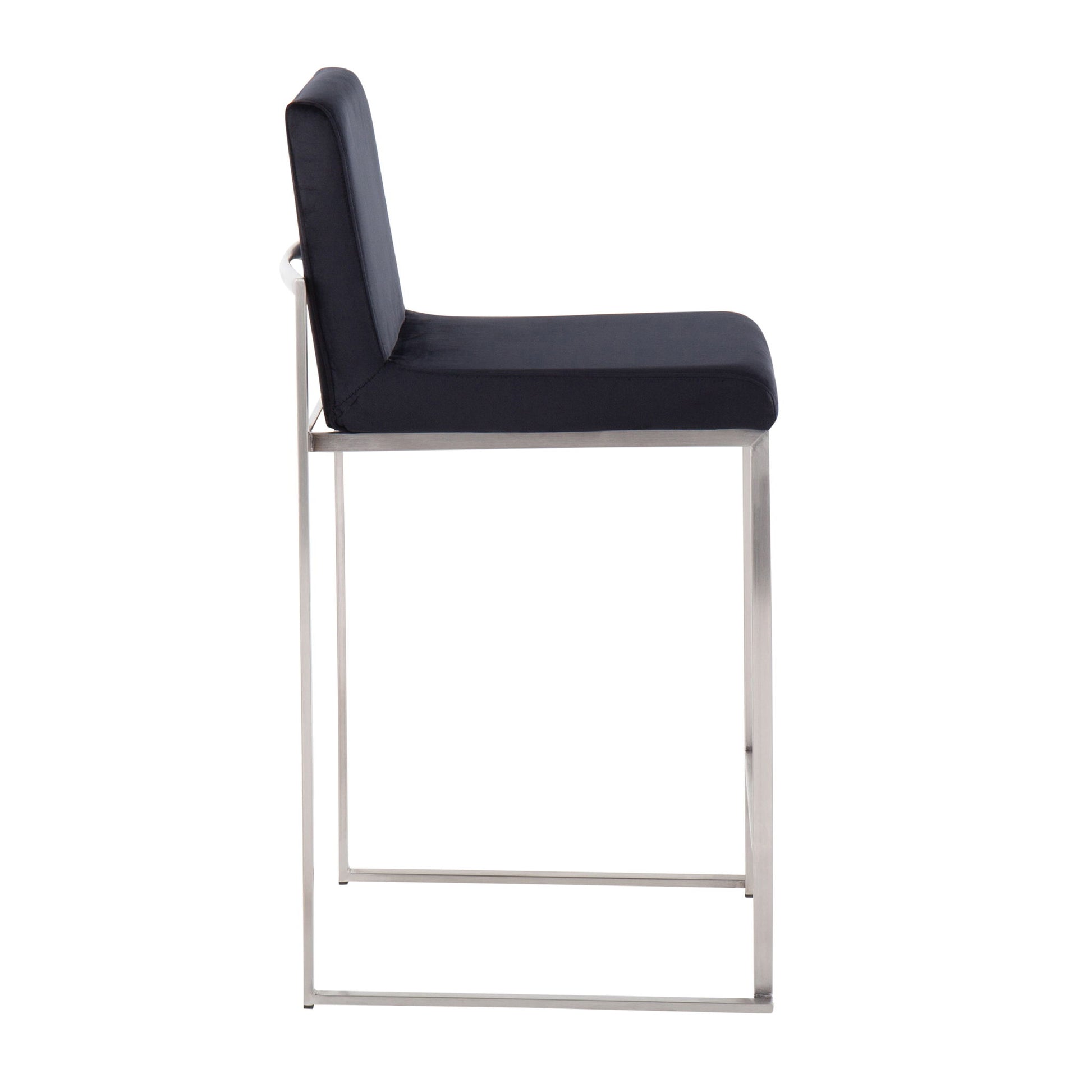 The Fuji Contemporary High Back Counter Stool features a brushed metal frame with a black cushioned seat and backrest, shown from the side against a white background.