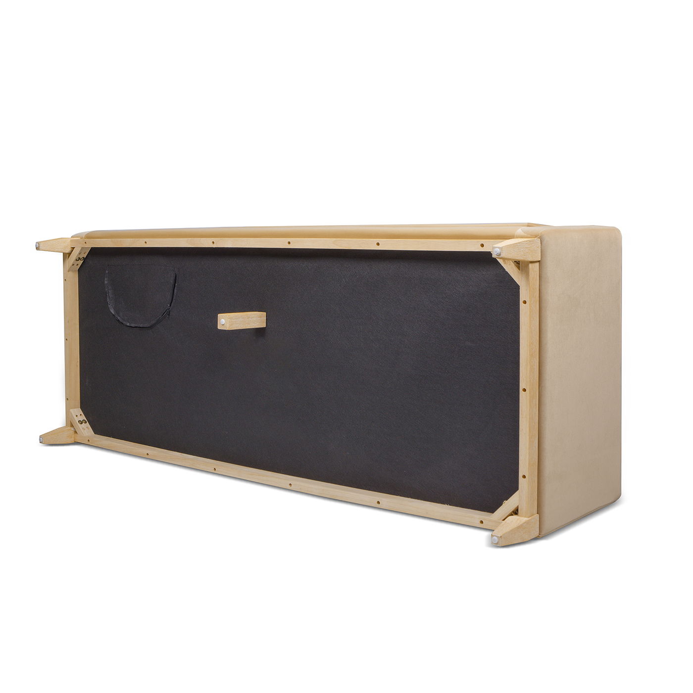The image shows the underside of the Knox - Modern Farmhouse Sofa, featuring a beige upholstered finish, visible wooden frame, black fabric lining, and a rectangular wooden support in the center.
