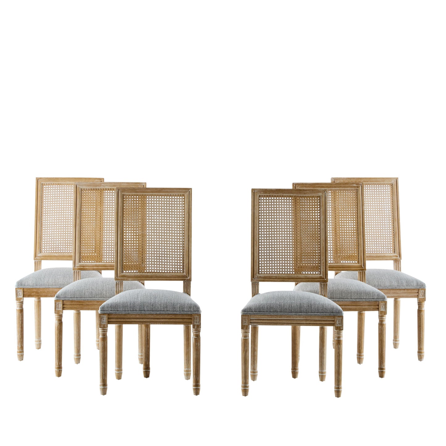 Six French Country Dining Chairs with rectangular cane backrests and smooth light grey upholstered seats are arranged in two groups of three against a plain white background.