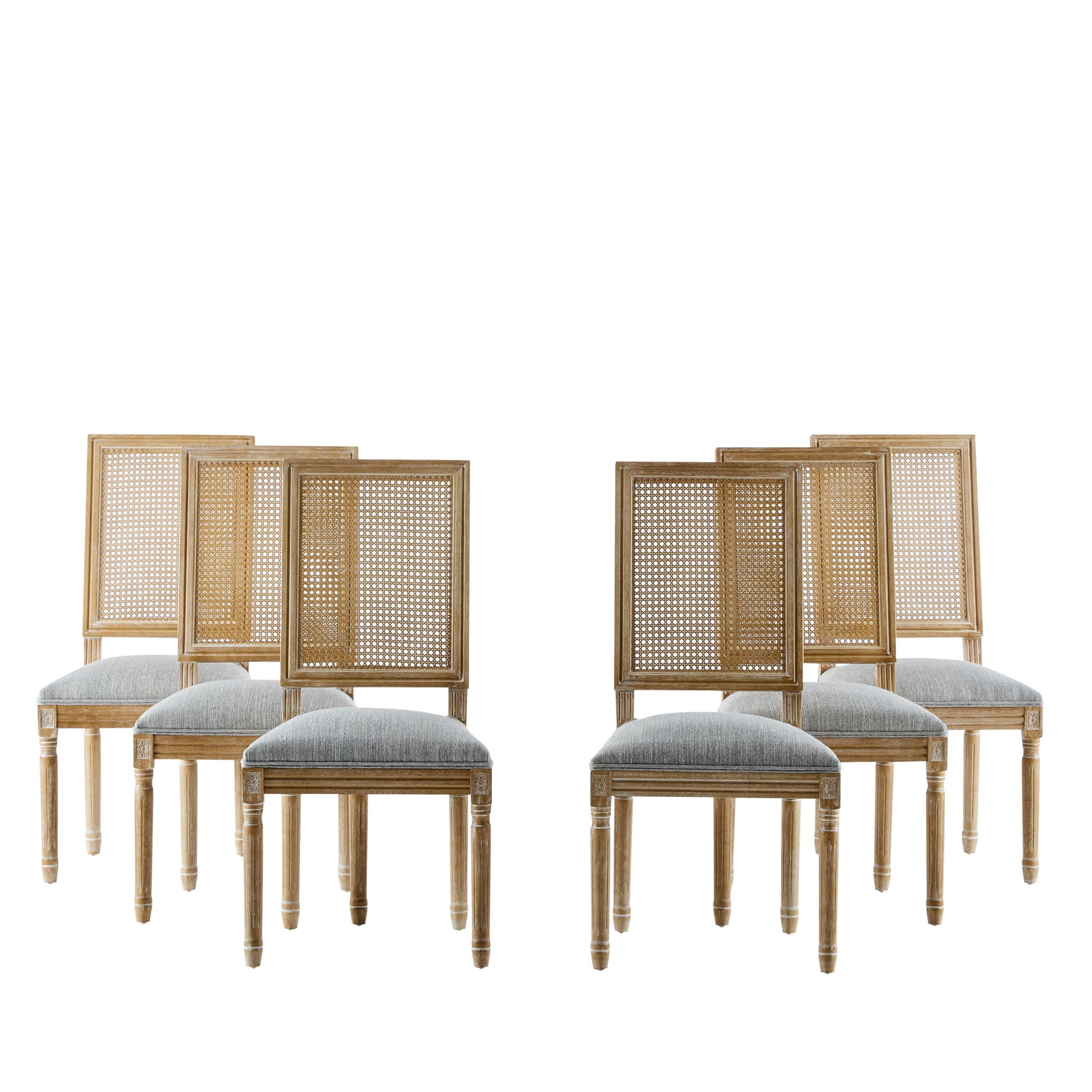 Six French Country Dining Chairs with rectangular cane backrests and smooth light grey upholstered seats are arranged in two groups of three against a plain white background.