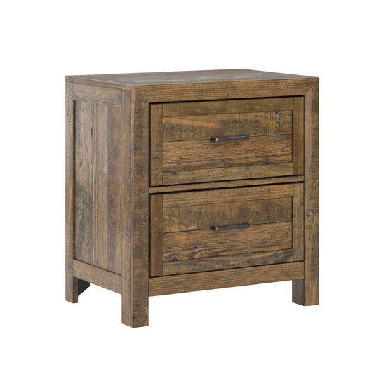 The Lisque 2 Drawer Nightstand in brown features a rustic wood finish, two drawers with metal handles, and simple, sturdy legs.