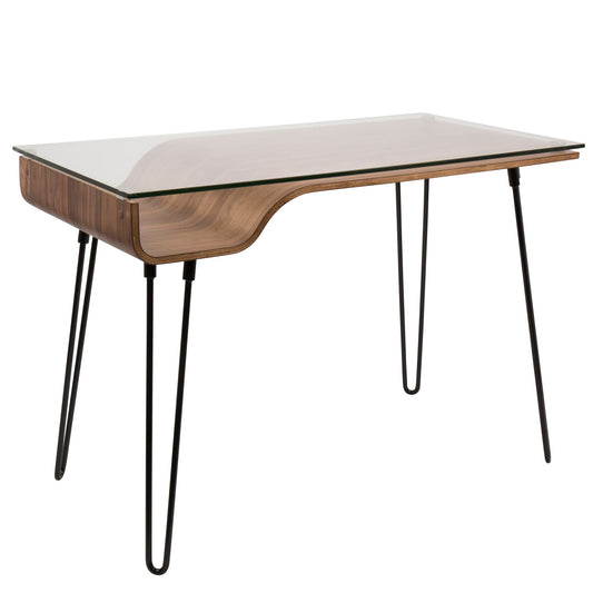 The Avery Mid-Century Modern Desk features a clear glass top, a walnut wooden frame with a curved edge, and four slender black metal legs.