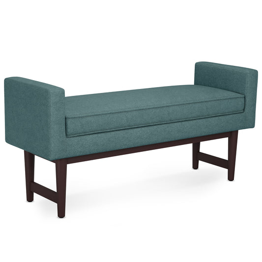 The Scott Upholstered Ottoman Bench features a rectangular teal cushion, raised armrests on both sides, and dark wooden legs, offering a modern minimalist design.