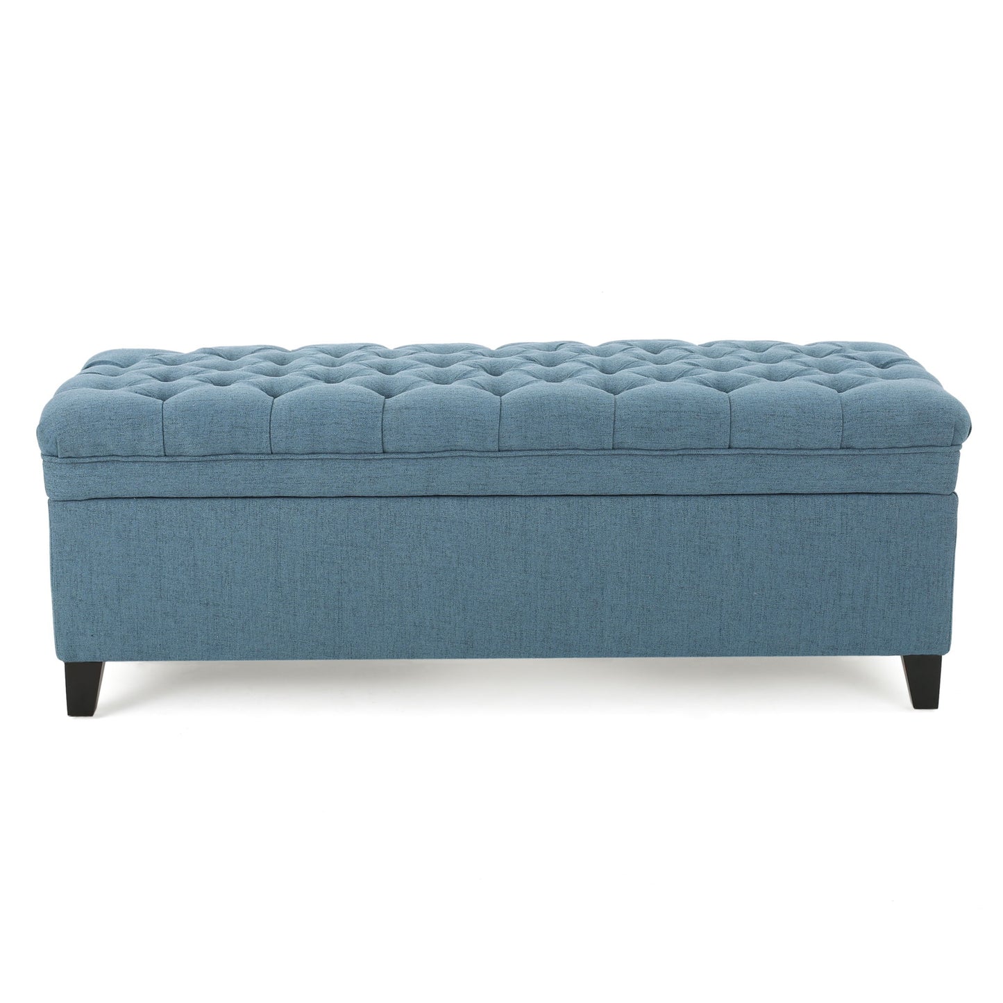 The Juliana Storage Ottoman features a blue upholstered design, a tufted cushion top, and short birch legs, shown against a white background.