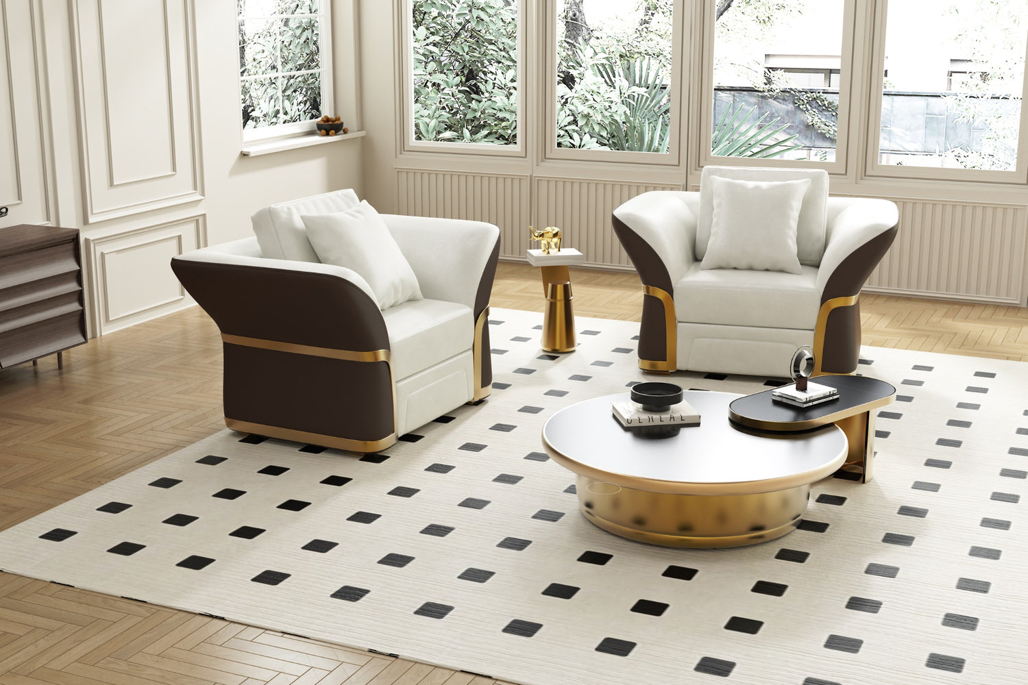 A modern living room with two armchairs and a round coffee table on a white rug with black squares. The room has large windows revealing lush greenery outside, white walls, and wooden flooring.
