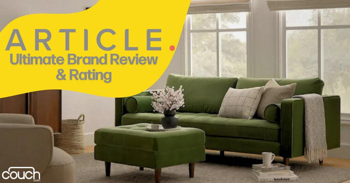 A cozy living room featuring a green sofa and matching ottoman, with a vase of flowers on the ottoman. Large windows allow soft natural light. Text overlay reads, "ARTICLE. Ultimate Brand Review & Rating" with the Couch logo in the bottom left corner.