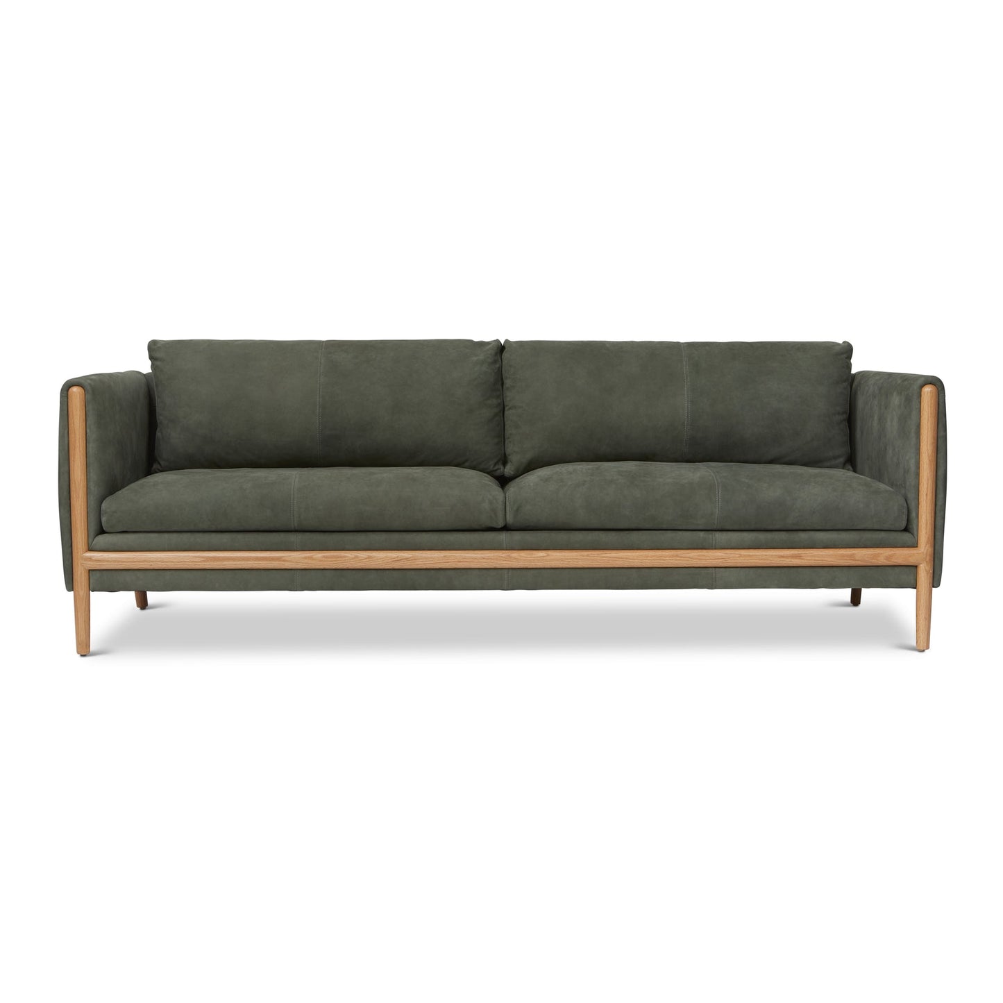 Introducing the Bungalow Leather Sofa in Verde: a contemporary green masterpiece featuring a sleek and minimalist design. It boasts plush leather cushions with two generous seat cushions, two comfortable back cushions, and elegant wooden legs and accents.