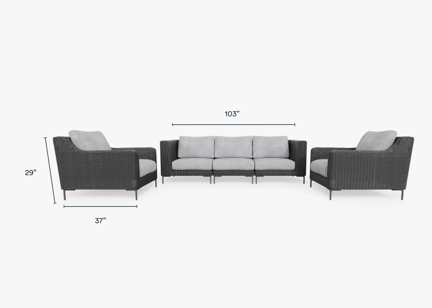 The Black Wicker Outdoor Sofa with Armchairs - Five Seat includes a three-seater sofa and two single armchairs, featuring black rattan with gray cushions. The dimensions for the three-seater are 103 inches wide and 29 inches high, while each armchair is 37 inches deep.