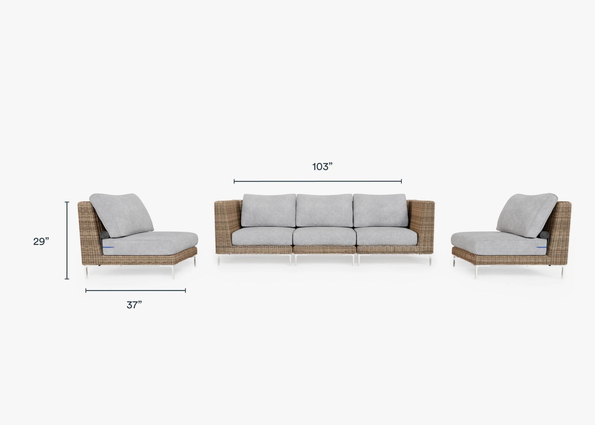 A Brown Wicker Outdoor Sofa with Armless Chairs - Five Seat has light gray cushions and wicker frames, arranged into three separate sections. The central piece is 103 inches wide, while each side section measures 37 inches in width and stands 29 inches high.