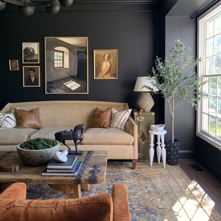 A cozy living room with dark walls adorned with framed art. A beige sofa with brown and white pillows sits next to a large window. A wooden coffee table with decor, a lamp, a potted plant, and an intricate rug complete the space.