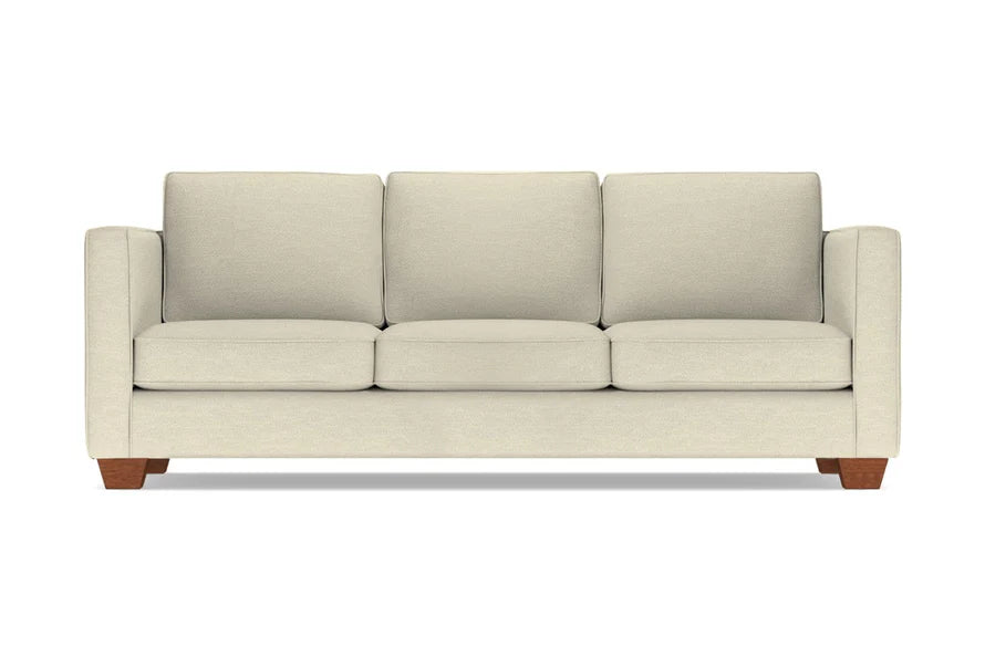 Catalina Sofa: A three-seater sofa in beige, featuring square cushions and wooden legs, set against a white background.