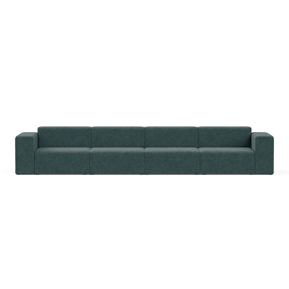 The Four-Seater Form Sectional is a spacious dark green modular sofa with six sections, featuring armrests on both ends, set against a plain white background and boasting a minimalist and contemporary design.