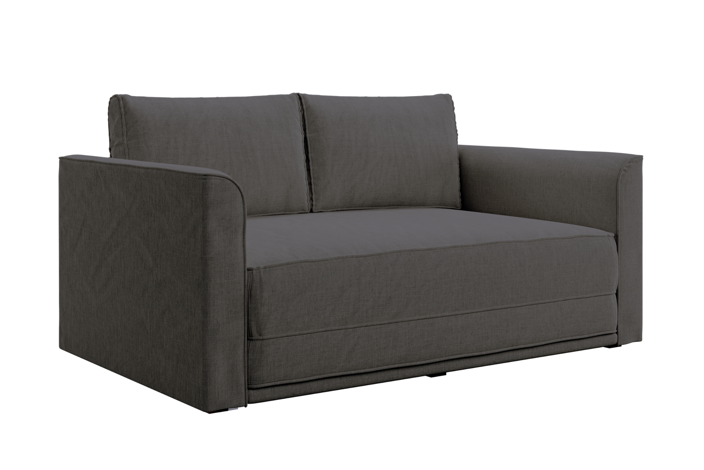 The Eclipse Sofa in Hemp is a modern, dark gray loveseat with two back cushions and wide armrests, upholstered in fabric and shown against a plain white background.