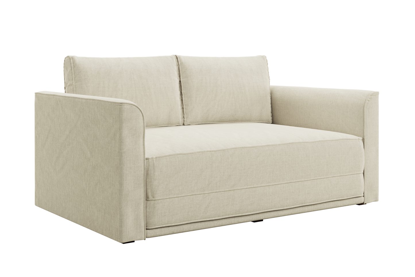 The Eclipse Sofa in Hemp is a modern, light beige loveseat with square armrests and two back cushions, upholstered in soft fabric for a simple and contemporary look.