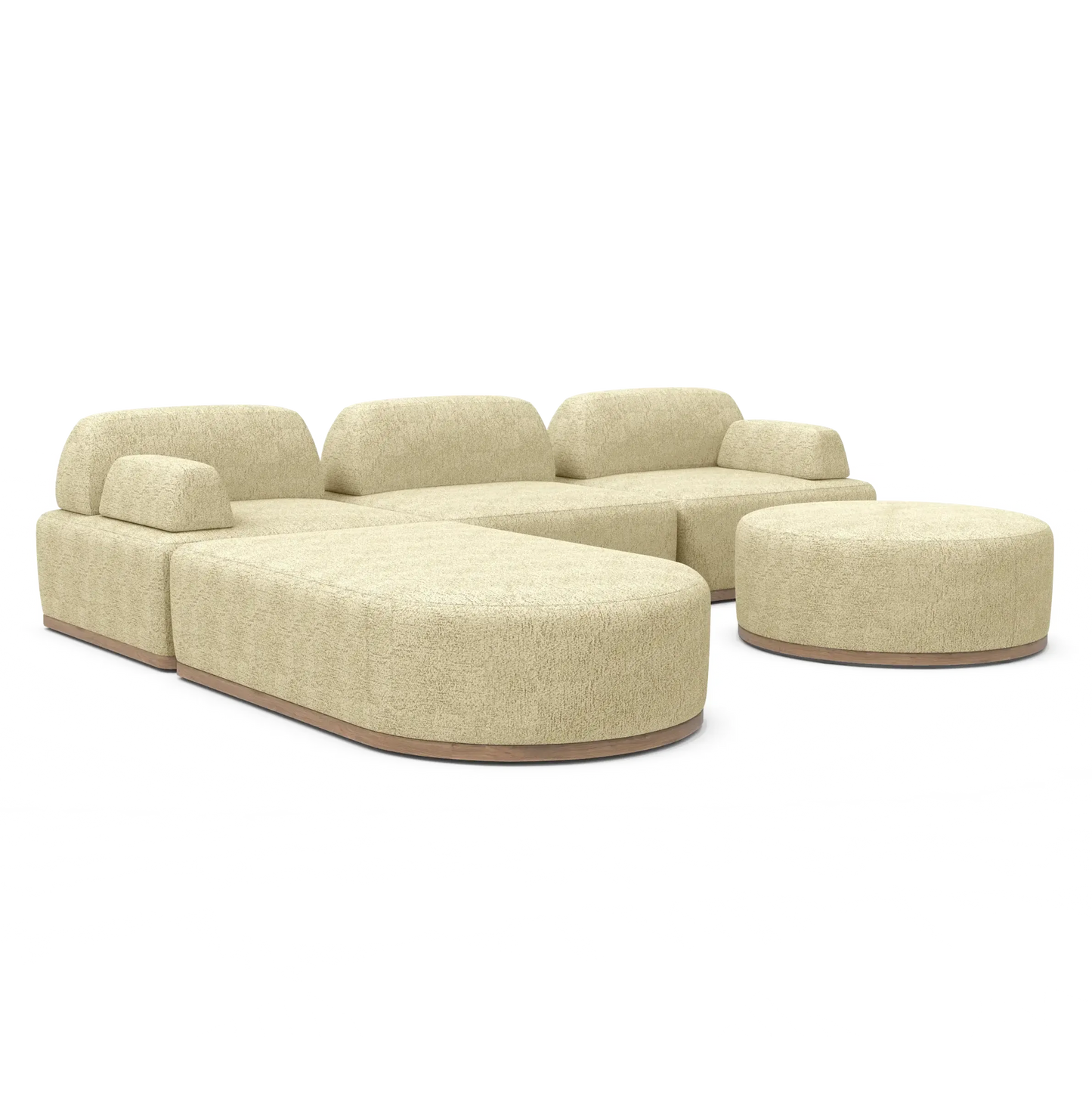 Introducing the Magna Preconfigured Sectional—a contemporary, beige-colored modular sofa with rounded edges, paired with a coordinating round ottoman. This sofa boasts plush cushions and a sleek texture, all displayed against a simple white background.