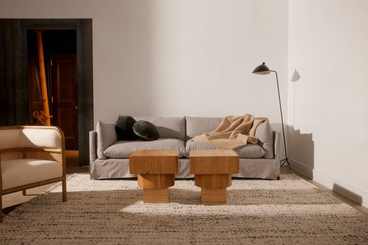 A minimalist living room features a gray sofa with black throw pillows and a beige blanket. Two wooden cube tables sit in front of the sofa. A woven armchair is on the left, and a black floor lamp stands to the right, all set on a textured beige rug.