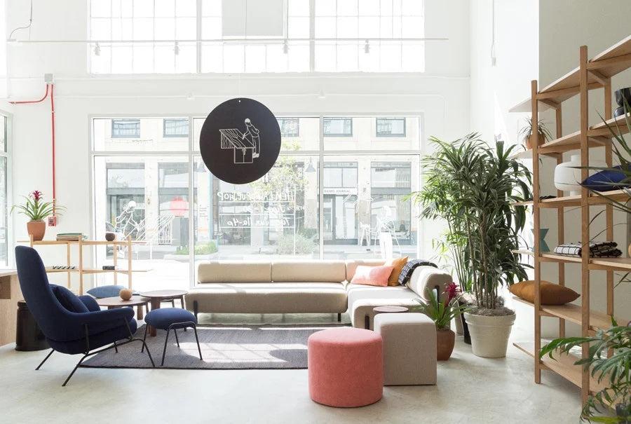 Modern living room with large windows, a beige sectional sofa, a navy armchair, a pink ottoman, and various plants. Natural light streams in, highlighting a mix of contemporary furniture and decor, including a shelving unit displaying neatly arranged items.
