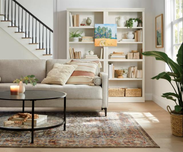 A cozy living room featuring a light gray sofa with decorative pillows, a round coffee table with a candle, and a patterned rug. Behind the sofa, there is a white bookshelf filled with books, plants, and an art piece. A tall houseplant is near a sunlit window.