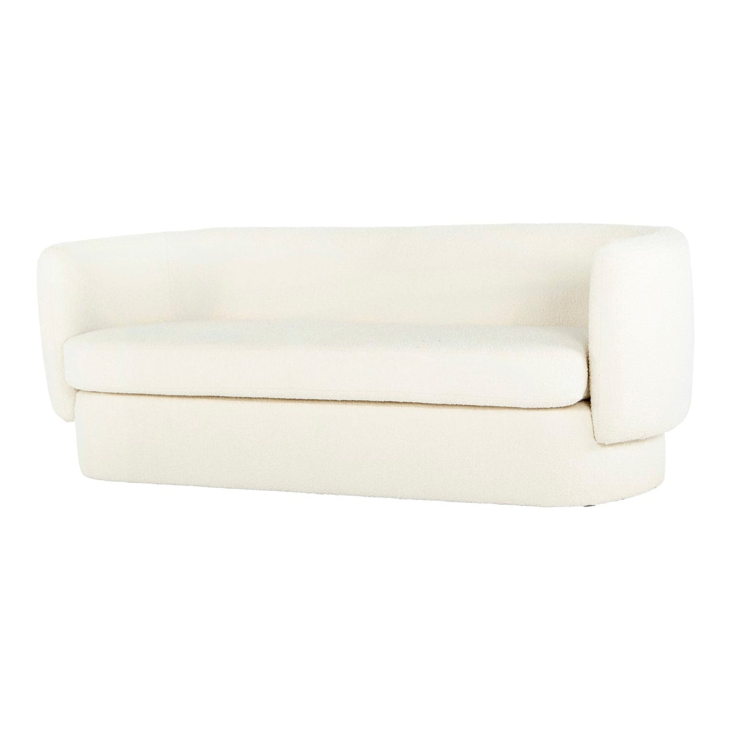 The Koba Sofa is a modern and minimalist piece featuring a white finish, a curved backrest, and smooth, cushioned seating. Its simple and elegant design is perfect for contemporary interiors.