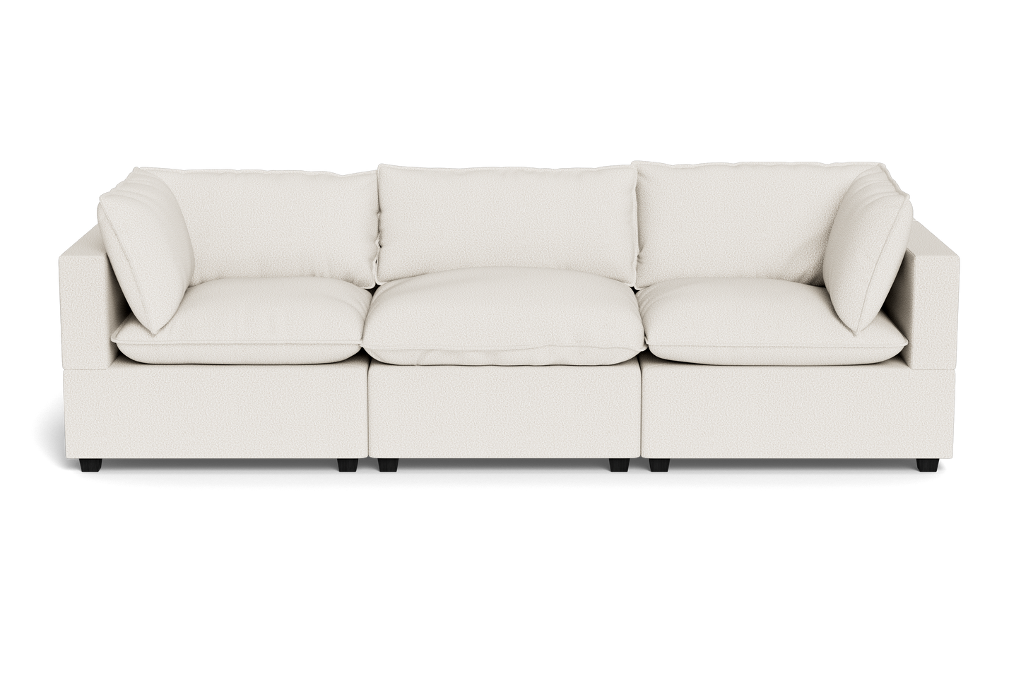 The Kova Pillow Cushion Sofa 122" is a modern, three-seat beige fabric sofa with plush cushions, square armrests, and a low profile, displayed against a plain black background.