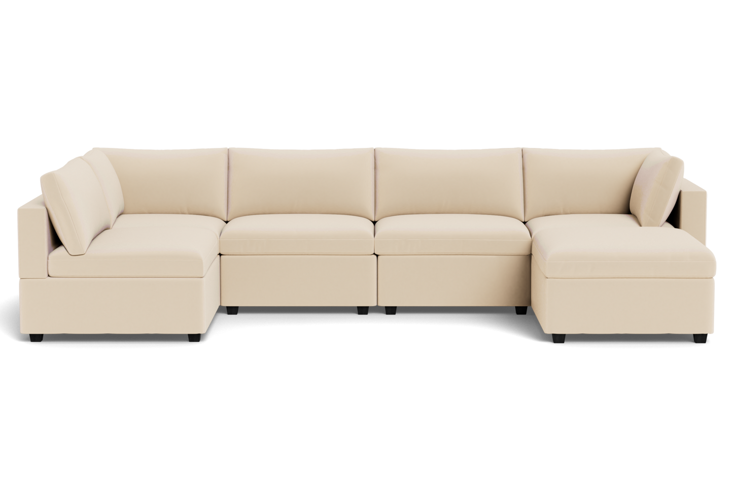 The Kova Box Cushion U-Shape is a beige, modern sectional sofa with clean lines and plush cushions, shown from the front against a plain background.
